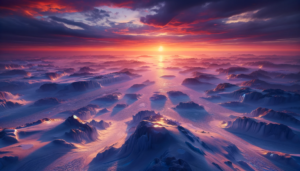 太陽が水平線に近づく光景で、空は赤と紫で彩られている。氷河の尾根と谷間が、夕日の光によって紅色に染まり、その間に広がる氷河の表面は、光に反射して明るく輝いている。