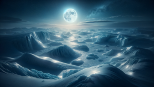 星明りの下、広大な氷河の風景が広がっている。満月が夜の帳を明るく照らし、氷の山々と谷が柔らかな月光に照らされて輝いている。静けさの中にも、氷河の壮大さが感じられる一枚。