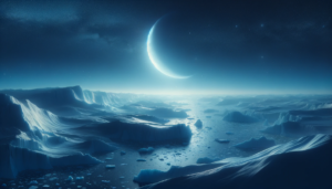新月の夜、氷河が星空の下に広がっており、月の細い光が氷の表面に反射している。氷河の間には小さな氷の塊が浮かび、穏やかながらも神秘的な雰囲気が漂う。
