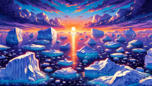 夕日が水平線に沈む瞬間を捉えた氷山のイラスト。空は暖色の雲で満たされ、夕日の光は海面に金色の道を作り出しています。氷山は太陽の最後の光を浴びており、そのシルエットが紫色の水面に反映されています。空の高いところにはまだ太陽の光が届いておらず、青紫色の穏やかな色合いが広がっています。