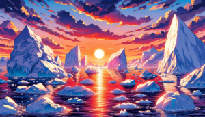 夕暮れ時の景色で、太陽が中央に低く沈みつつある氷山のイラスト。太陽の周りはオレンジとピンク色で染まった雲が広がり、空は暗い紫から明るいピンクへと変わっています。氷山は夕日に照らされてオレンジ色に輝いており、水面は太陽の光で金色に輝いています。