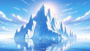 青空に浮かぶ太陽が照らす巨大な氷山のイラスト。氷山はクリアな青い空と白い雲が背景にあり、細かな光の反射が見られる。氷山は鋭利な頂点と平らな面を持ち、冷たく透明感のある青と白の色合いで表現されている。海面は静かであり、氷山の大きさと堂々たる姿が強調されている。