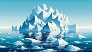 晴れた日の静かな海に浮かぶ多数の氷山のイラスト。最大の氷山は中央にあり、細かいディテールで険しい山脈のように描かれている。氷山は白と青の様々な色合いで塗り分けられており、海面に反射する光が美しい。周囲には小さな氷塊が浮かび、遠くには平らな地平線が広がっている。
