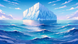 青い空と穏やかな海に浮かぶ巨大な氷山のイラスト。氷山は輝く太陽の光を反射しており、その壮大な姿が海の水面に映っています。遠くには小さな氷山が点在し、空は薄い雲で覆われています。