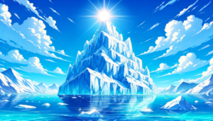 真っ青な空と静かな水面を背景に、中央に輝く太陽が頂点から照りつける氷山のイラスト。氷山は光の反射でキラキラと輝いており、水面には小さな氷の破片が浮かんでいます。背景には雪を頂いた山々が連なっています。