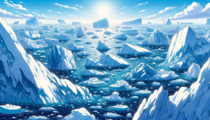青空の下、太陽が照りつける中で多数の氷山が海面に浮かんでいるイラスト。氷山は大小さまざまで、細かいものから巨大なものまでが描かれており、光の反射が水面にきらめいています。遠くの地平線まで氷山が続いており、いくつかの雲が空に浮かんでいます。