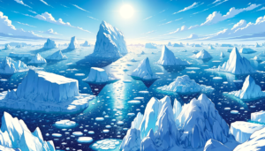 太陽が真上から輝く青い空のもと、静かな海に大小様々な氷山が点在するイラスト。海は穏やかで、太陽の光が水面にきらめいています。氷山は光沢があり、白と青のグラデーションで詳細に描かれており、水面には小さな氷のかけらがちりばめられています。