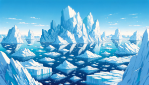 広大な海に多くの氷山が浮かんでいるイラストで、中央の氷山は特に高くそびえ立っています。青空には細い雲が流れ、太陽の光が水面に反射して輝いています。氷山は白と青のシャープなエッジが特徴的で、その間を小さな氷の塊が埋めています。