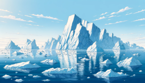 青い空と穏やかな海を背景に、巨大な氷山が中央に位置するイラスト。氷山は太陽に照らされており、その周囲には小さな氷の塊が浮かんでいます。空には薄い雲が広がり、海の水面は太陽の光できらめいています。