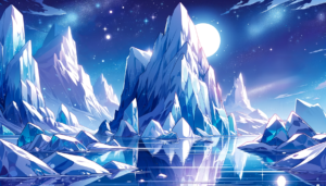 静かな海に浮かぶ氷山が描かれたイラスト。空は澄んでおり、星々が輝いている。月の光は海面に反射し、氷山に神秘的な輝きを与えている。氷山は青と紫の色合いで、平和で神秘的な夜の風景を演出している。