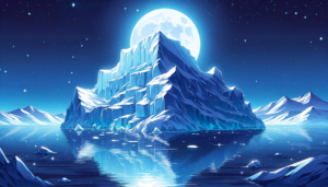 星々がきらめく夜空の下、巨大な氷山が静かな海にそびえ立つイラスト。満月が氷山の背後に明るく輝き、その光が海面に映り込んでいます。氷山のシルエットは鮮明で、周囲の小さな氷の塊が月光で照らされている。