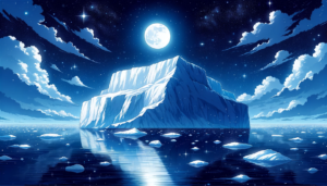 澄んだ夜空に浮かぶ満月と、その下でゆったりと漂う氷山のイラスト。月明かりが雲間を照らし、星々が空に輝いています。静かな海は、星と月の光を反射しており、氷山は神秘的な雰囲気を醸し出しています。