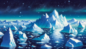 澄み切った夜空の下、輝く星々とオーロラが照らす氷山のイラスト。静かな海には小さな氷山が浮かび、大きな氷山は穏やかな海面にその姿を映しています。遠くの山々と氷山が星空の下で静寂に包まれている。