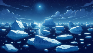 星々が輝く夜空の下、平穏な海に浮かぶ白く光る氷山のイラスト。空には無数の星が散りばめられ、遠くには山のシルエットが見えます。海面は氷山からの反射光で輝き、静かな夜の雰囲気を演出しています。