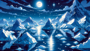 明るい月夜に照らされた氷山と穏やかな海のイラスト。夜空は星でいっぱいで、月の光が水面に長いトレイルを描きます。氷山は月光に照らされ、柔らかな光と影のコントラストが美しい風景を作り出しています。