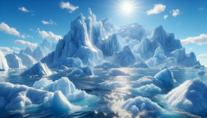 眩しい太陽が空高く輝く晴れた日中、巨大な氷山が海面から突き出ており、その周囲には大小様々な氷の塊が浮かんでいます。海面は太陽の光を反射してキラキラと輝き、澄んだ青空が広がっています。