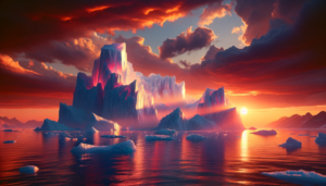太陽が水平線に沈もうとする瞬間、赤とオレンジの光が空をドラマティックに彩り、氷山を神秘的に照らしています。海は夕日の光で輝き、氷山の輪郭が鮮明に映し出されていま