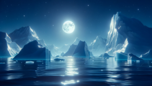 夜空に輝く満月が海面を明るく照らし、星々がきらめく中、静寂に包まれた氷山が描かれています。氷山と海の静かなシーンは、月の光によって幻想的な雰囲気を醸し出しています。