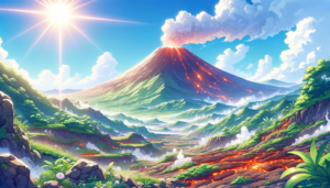 明るい太陽の下、緑豊かな山々と噴煙を上げる活火山のイラスト。山肌には溶岩流が見え、鮮やかな緑と溶岩の赤のコントラストが印象的です。空は青く、白い雲が浮かんでおり、光り輝く日差しが景色全体を明るく照らしています。