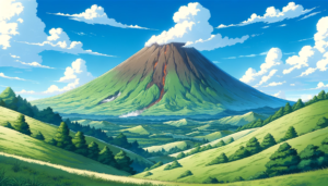 穏やかな天気の中、緑の草原と青々とした木々に囲まれた雄大な火山のイラスト。火山は静かで、頂上付近からはわずかに煙を上げています。広がる青空には白い雲が浮かび、平和な雰囲気を醸し出しています。