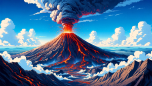 勢いよく噴火する火山のイラスト。赤く燃える溶岩が山腹を流下し、巨大な灰色の煙と灰が空に広がっています。周囲は険しい山々が広がり、空は晴れ渡り青く、白い雲が浮かんでいます。