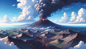 穏やかな気候の中、溶岩を噴出する活発な火山のイラスト。山の周囲には緑の山々が広がり、山腹からは多くの溶岩流が地面を覆っています。広々とした青空には白い雲が点在し、遠く水平線まで見渡せる景色が広がっています。