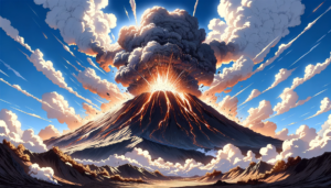 強烈な噴火をする火山のイラストで、濃い灰色の煙が空に大きく広がり、溶岩と火花が飛び散っています。周囲の空は晴れており、青空には白い雲が浮かんでいます。