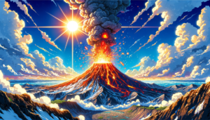 大きな火山が噴火しているイラスト。山頂から高く噴き出す赤く輝く溶岩と灰の柱が、太陽の光を背景に浮かび上がらせています。空には白い雲が広がり、遠くには穏やかな青い海が見えます。