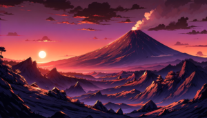 夕暮れ時に広がる溶岩流と火山灰のイラスト。オレンジと紫色の空の下、巨大な火山から静かに噴煙が上がっていて、遠くに日が沈む様子が描かれています。