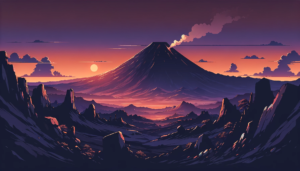 夕日が美しい火山のイラスト。空には夕焼けが広がり、山のシルエットとともに平和的な雰囲気を演出しています。火山は穏やかに噴煙を上げている様子が描かれています。