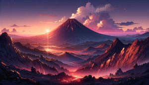 日の出の光が山並みを照らす火山のイラスト。赤みがかった空と山のシルエットが平和的な雰囲気を作り出している中、火山はまるで静かに目覚めるかのように穏やかな噴煙を上げています。