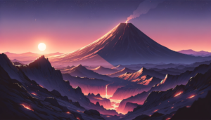 日没時の火山のイラスト。空は暖色系のグラデーションで満たされ、遠くの火山からは静かに噴煙が上がっています。暮れゆく空と山々のシルエットが落ち着いた景色を作り出しています。