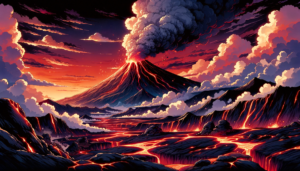 夕暮れ時に活発に噴煙を上げる火山のイラスト。溶岩の川が山腹を流れ下り、赤とオレンジ色に染まった空に雲が映えています。