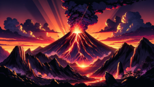 大規模な噴火をする火山のイラスト。爆発的な噴煙が空に昇り、光の筋が暗い空に対照的な美しさを演出しています。