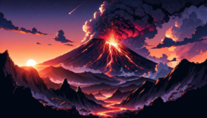 夕焼けに照らされた活発な火山の噴火イラスト。溶岩の流れが光の帯となり、山肌を流下しています。夜空には星がきらめき、流れ星も見えます。