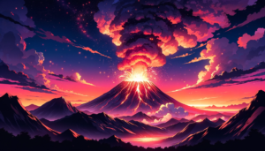 巨大な噴煙を上げる火山のイラスト。溶岩の光が山間を照らし、天空は星々とドラマティックな雲で満たされています。空気はマジェスティックな赤とピンクのグラデーションで彩られています。