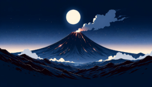 満月の夜に穏やかに噴煙を上げる火山のイラスト。静かな山脈と満天の星が広がる夜空が特徴です。