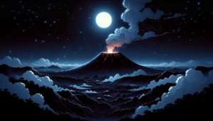 大きな満月が明るく輝き、その光に照らされて火山が噴火しているイラスト。夜の空には星がちりばめられ、雲が月明かりで照らされています。