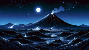 夜空に輝く満月の下で静かに噴煙を上げる火山のイラスト。周囲は静けさに包まれた山脈で、星々がきらめくダークブルーの空が広がっています。