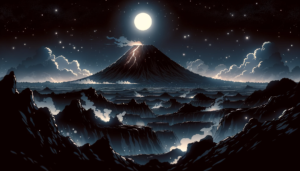 星々が輝く夜に満月の光を浴びながら噴煙を上げる火山のイラスト。幻想的な明るさの中で静寂を保つ山並みと雲が特徴的な情景です。