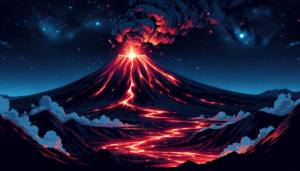 夜空に広がる無数の星々の下で、溶岩の流れが山を下る活火山のイラスト。赤く燃える溶岩と共に、山から立ち上る煙が星空に映えています。