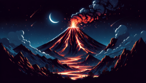 新月の夜に、赤く輝く溶岩流と共に大きな噴煙を上げる火山のイラスト。周囲は暗く、遠くの星がきらめき、山肌には溶岩が明るく光を放っています。