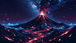 夜の空に星が輝く中、活発に噴火する火山のイラスト。暗い空と溶岩の赤い光が鮮やかなコントラストを生み出しています。