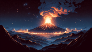 夜空に満点の星が輝く中、炎と煙を上げながら噴火する火山のイラスト。山の周囲は暗く、溶岩の流れが黄金色に光っています。