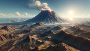 煙を噴出する火山を中心に広がる火山地帯のイラスト。日の光が広大な火山地帯を照らし、穏やかな海が地平線に広がっている。