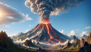 青空とぽっかりとした雲が広がる日中、勢いよく噴火している火山のイラスト。山から流れる溶岩が火山の斜面を下っており、その周囲には尖った岩が点在している。