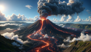 広大な火山地帯を望むイラストで、中央の大きな火山が噴煙を上げており、流れる溶岩が川のように地形を刻んでいる。前景には山が連なり、遠くの地平線に海が見える。