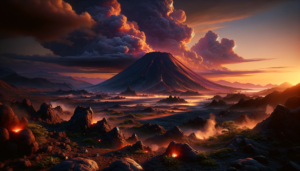 夕暮れ時に火山がそびえ立つ風景のイラスト。火山からは煙が上がり、周囲の地形は岩がちで、所々溶岩が光っている。低い霧が広がり、空には重い雲が浮かんでいる。