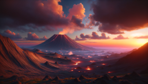 夕焼けの光が溶岩の流れを照らしている火山のイラスト。空にはドラマチックな雲があり、火山は活発に噴火している。遠くの山並みと地平線がオレンジ色の光に包まれている。