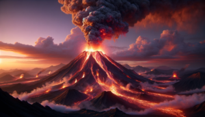 活発に噴火する火山とその周囲の山々を夕焼けの光が照らすイラスト。溶岩の流れが鮮やかに光り、空には灰色と赤みがかった雲が広がっています。